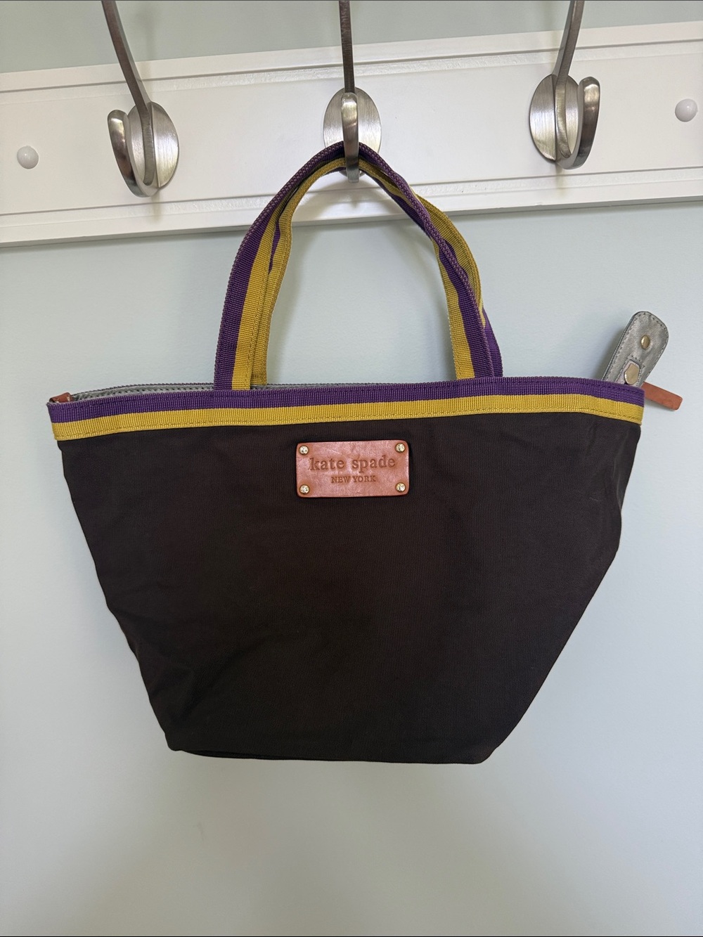 kate spade Packable Brown Tote with Purple & Yellow Trim